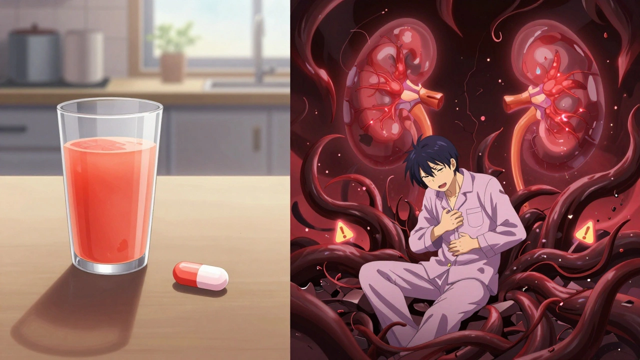 Morning scene with grapefruit and statin pill casting dark shadows, muscle fibers breaking into dark tendrils.