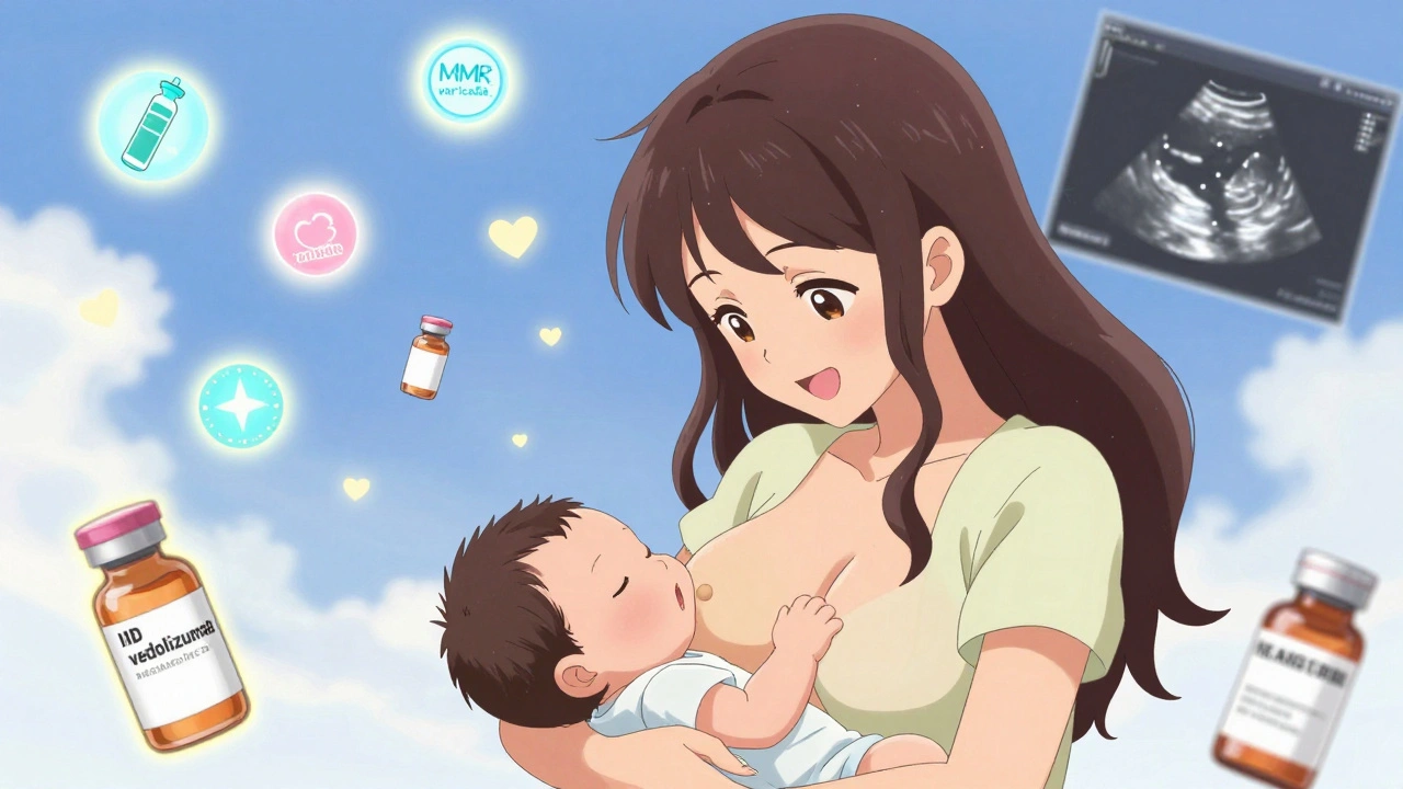 Mother breastfeeding with IBD meds and vaccines glowing nearby, symbolizing safe postpartum care.