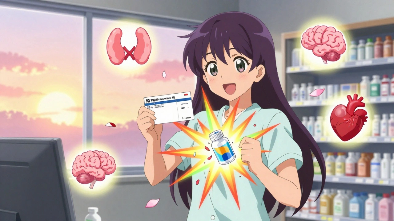 Patient standing triumphantly in pharmacy as brand prescription is approved, generic pill breaking into petals.
