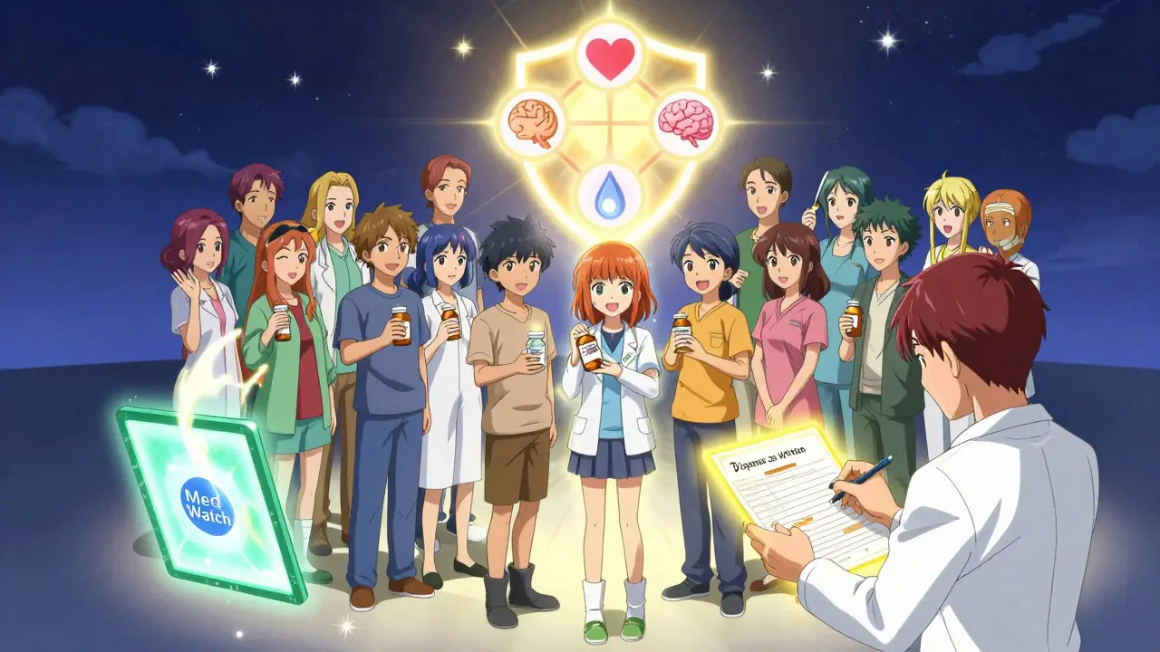 Patients form a protective circle with glowing medication symbols as a doctor writes 'Dispense as Written.'