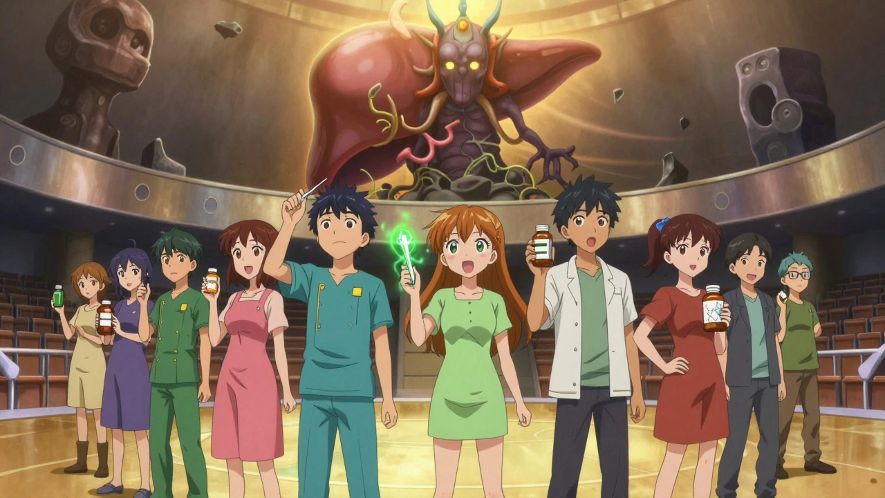 Patients holding treatment options as a wise liver spirit watches over them.