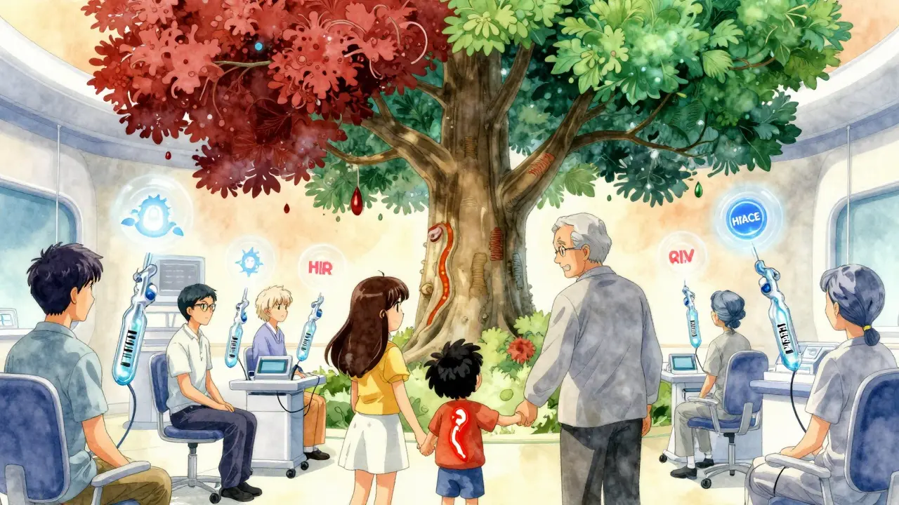 Patients receive long-acting injections under a digital tree showing global HIV resistance rates.