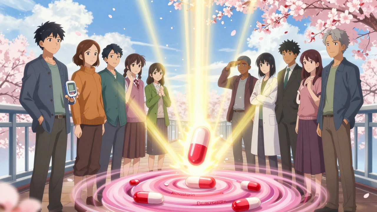 Patients replacing dangerous statins with a glowing pitavastatin pill on a bridge of trust under cherry blossoms.