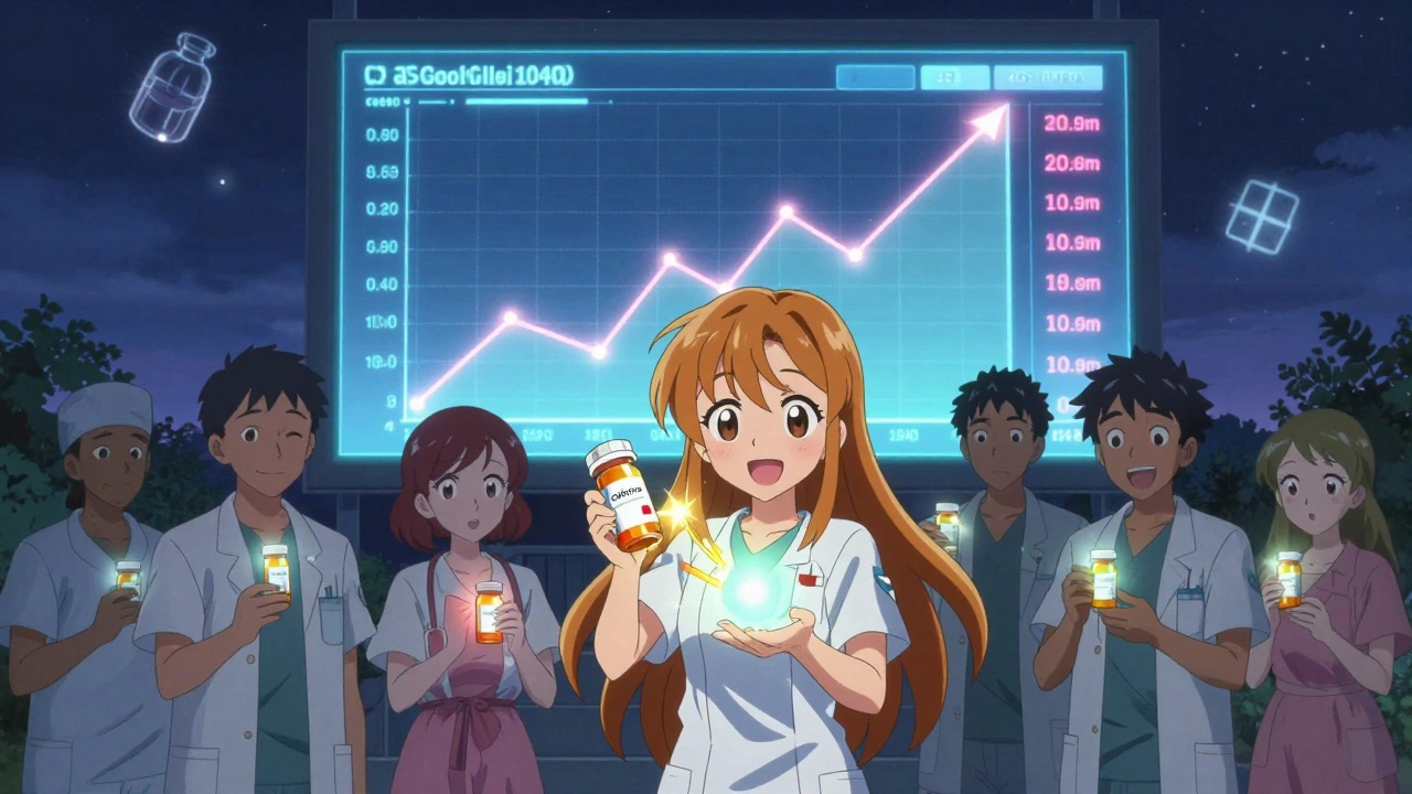 Patients watch as their brand medication transforms into an authorized generic, with falling price graphs in the background.