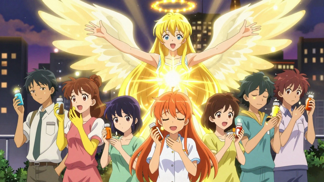 People holding meds with symptoms above them, a radiant liver figure warning them.