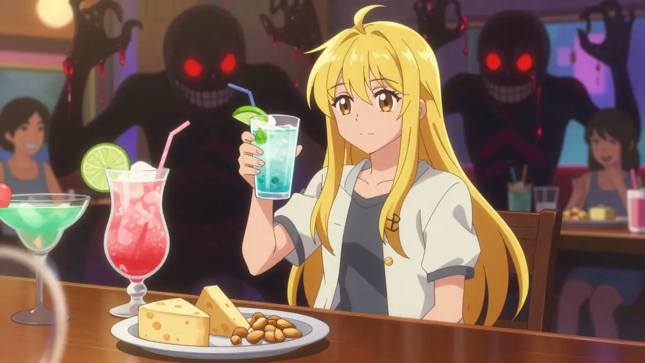 Person drinking safe hard seltzer with cheese, shadowy sugary cocktails looming behind.