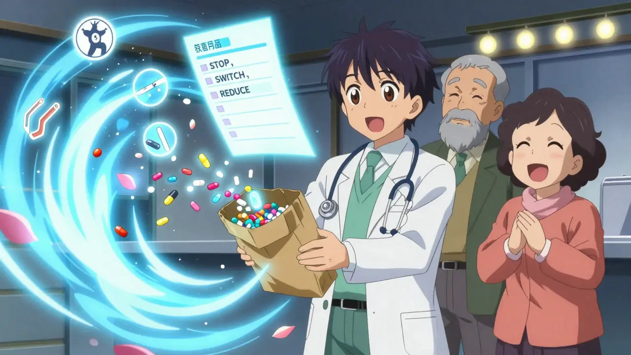 Pharmacist holding a brown bag of medications transforming into petals, with a magical checklist floating in the air.