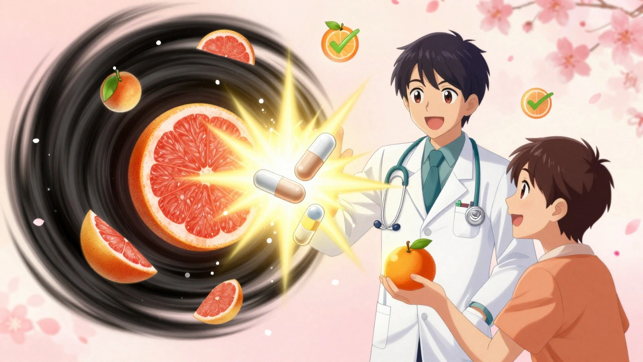 Pharmacist holding safe statins as golden light repels grapefruit vortex, patient reaching for orange.