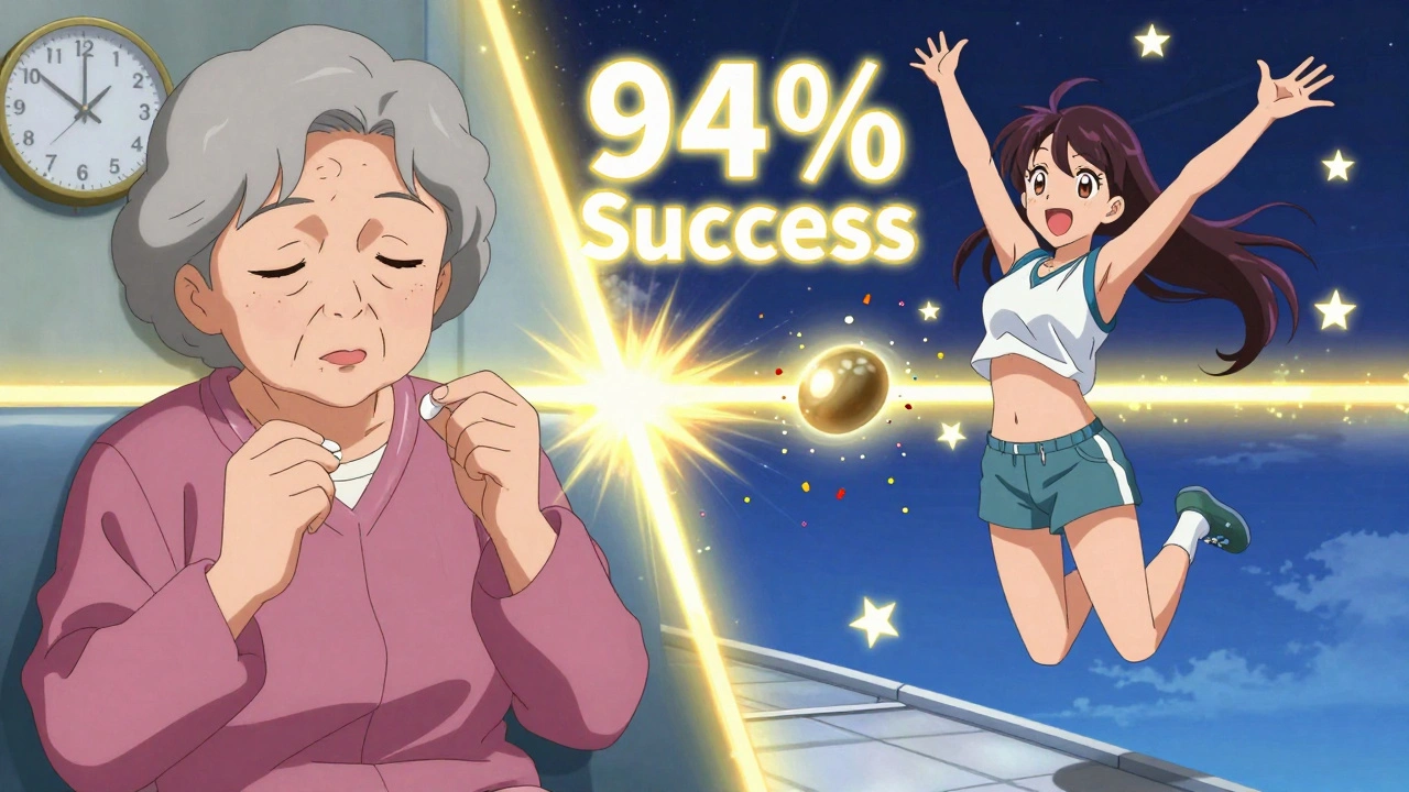 Side-by-side comparison of slow medication vs. quick surgery with glowing success markers.