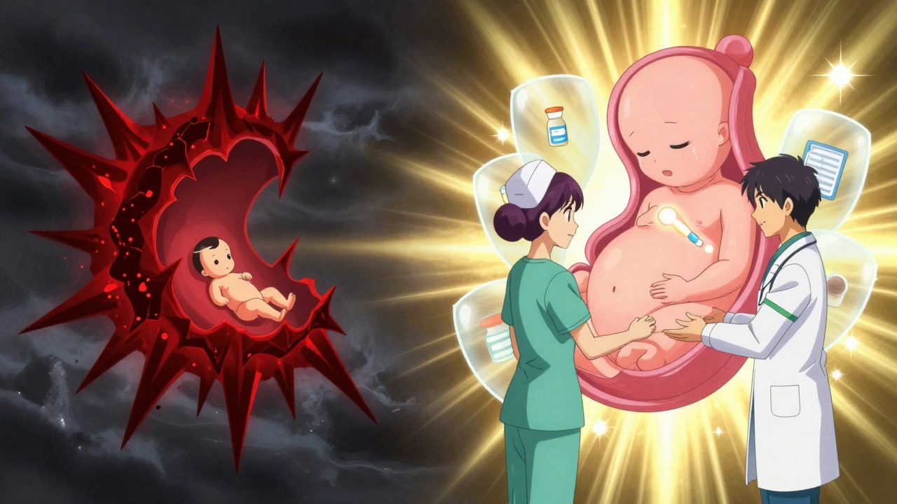 Split scene: inflamed gut vs. protected fetus, with safe IBD medications as glowing shields.