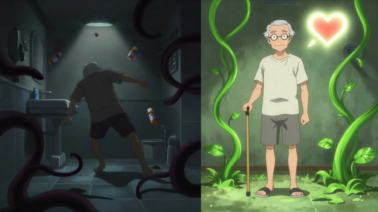 Split scene: one side shows an elderly person falling in shadow, the other shows them standing safely in sunlight with healing vines.