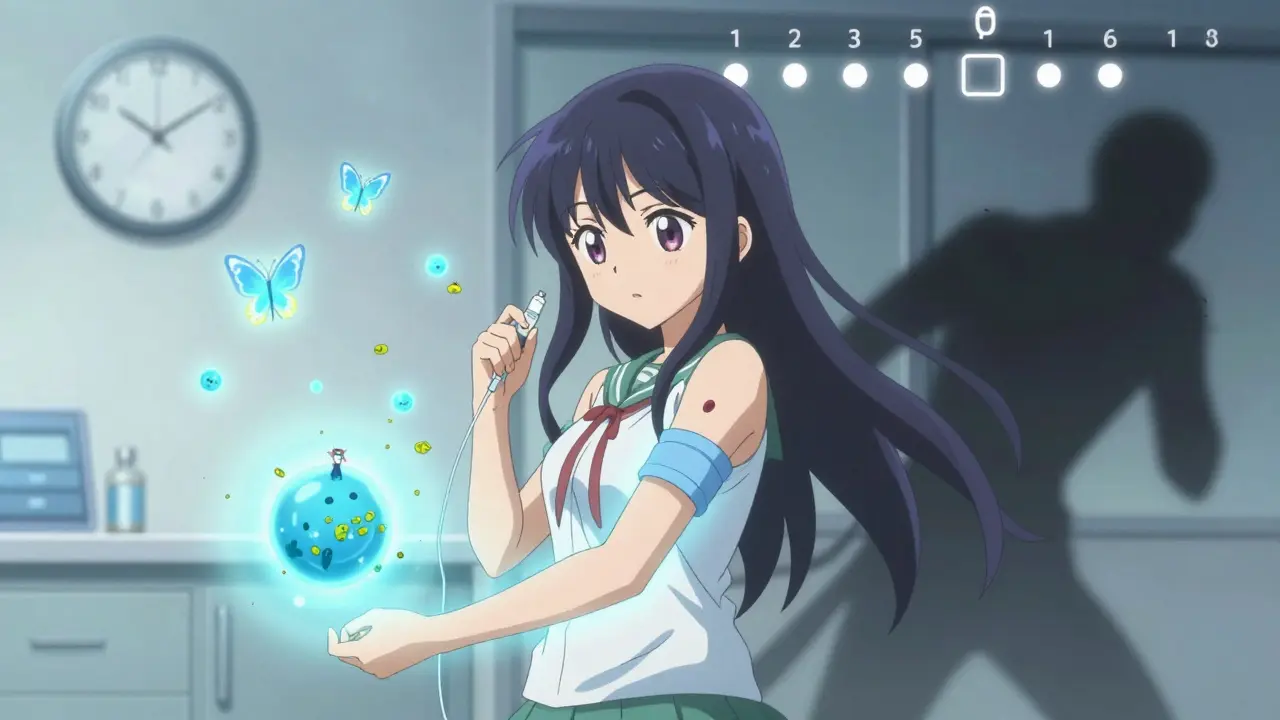 Teen receiving an allergy shot as pollen becomes butterflies, with weekly visit markers.