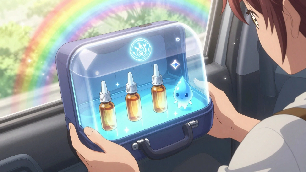 Traveler with UV-protective case blocking sunlight, floating amber eye drop bottles glowing safely inside.