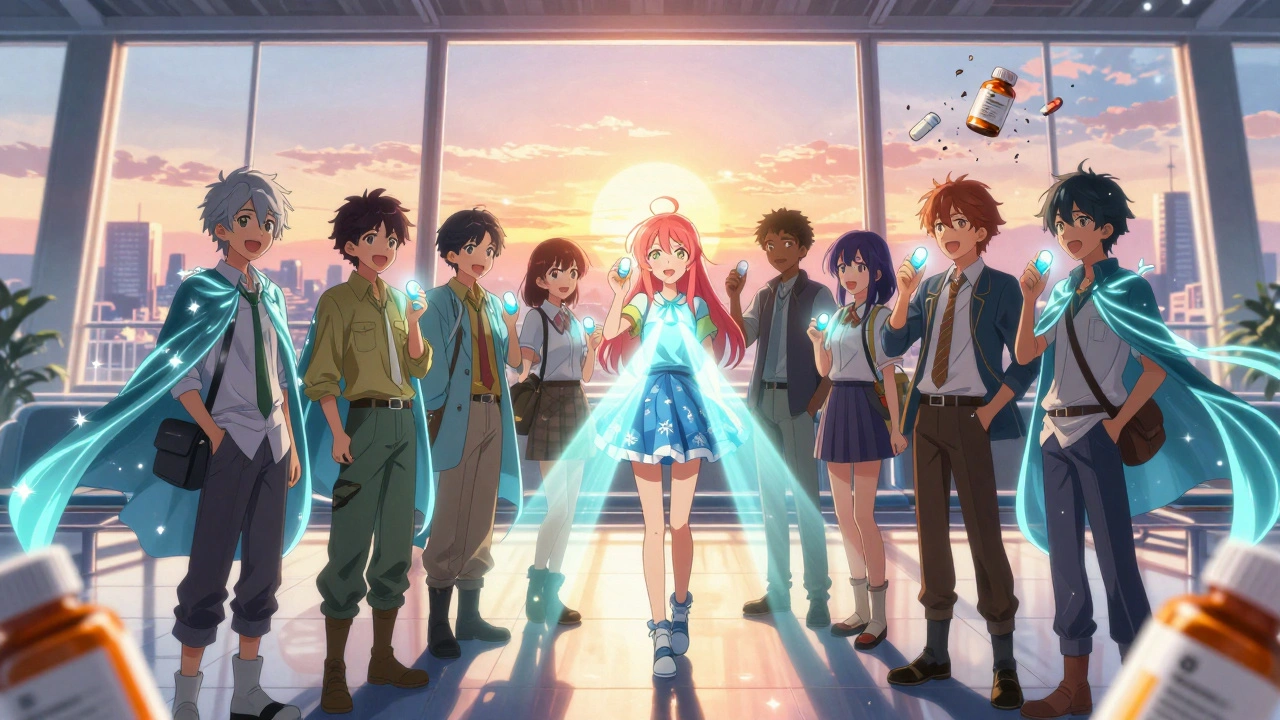 Travelers connected by light beams to sunrise, discarding slow-release melatonin bottles.