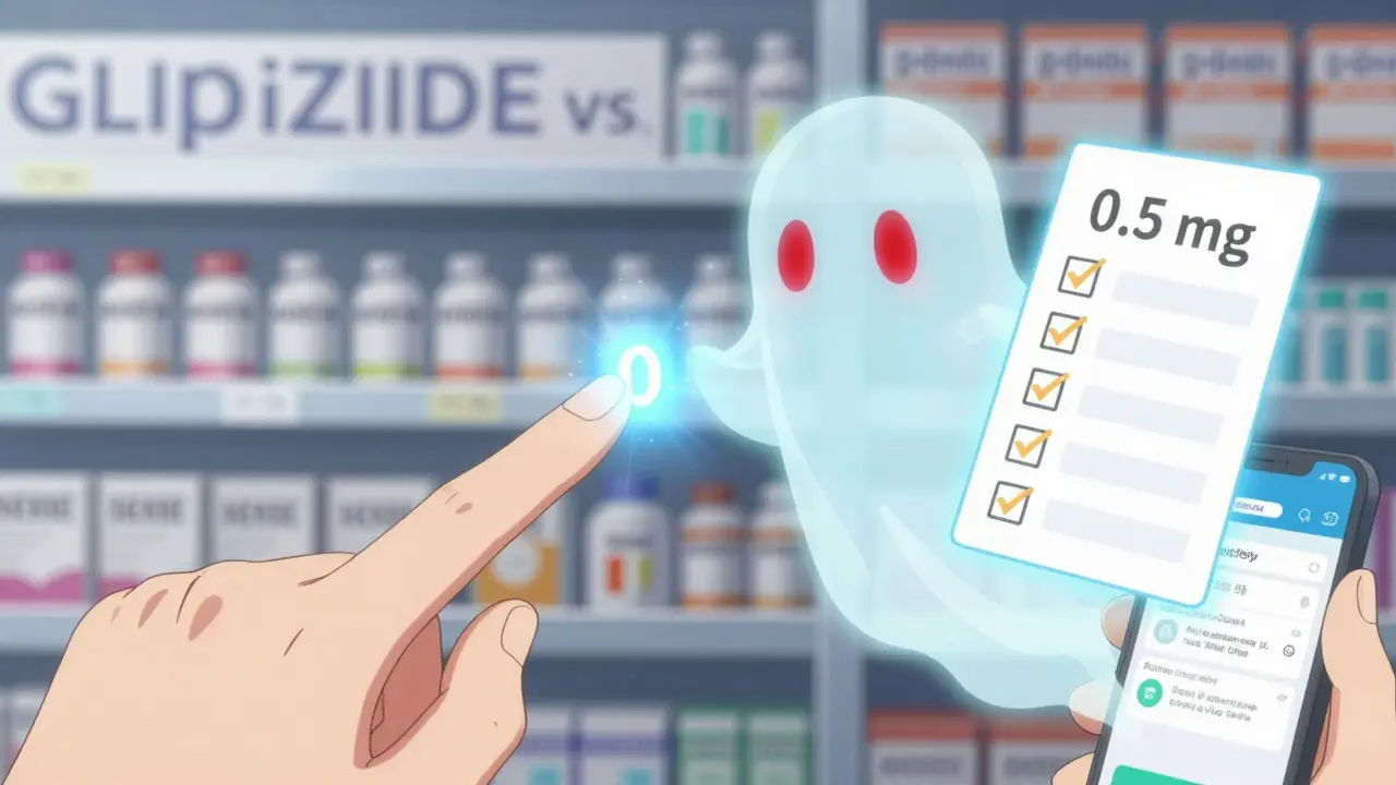 Trembling hand points at '5 mg' label with ghostly warning spirit emerging