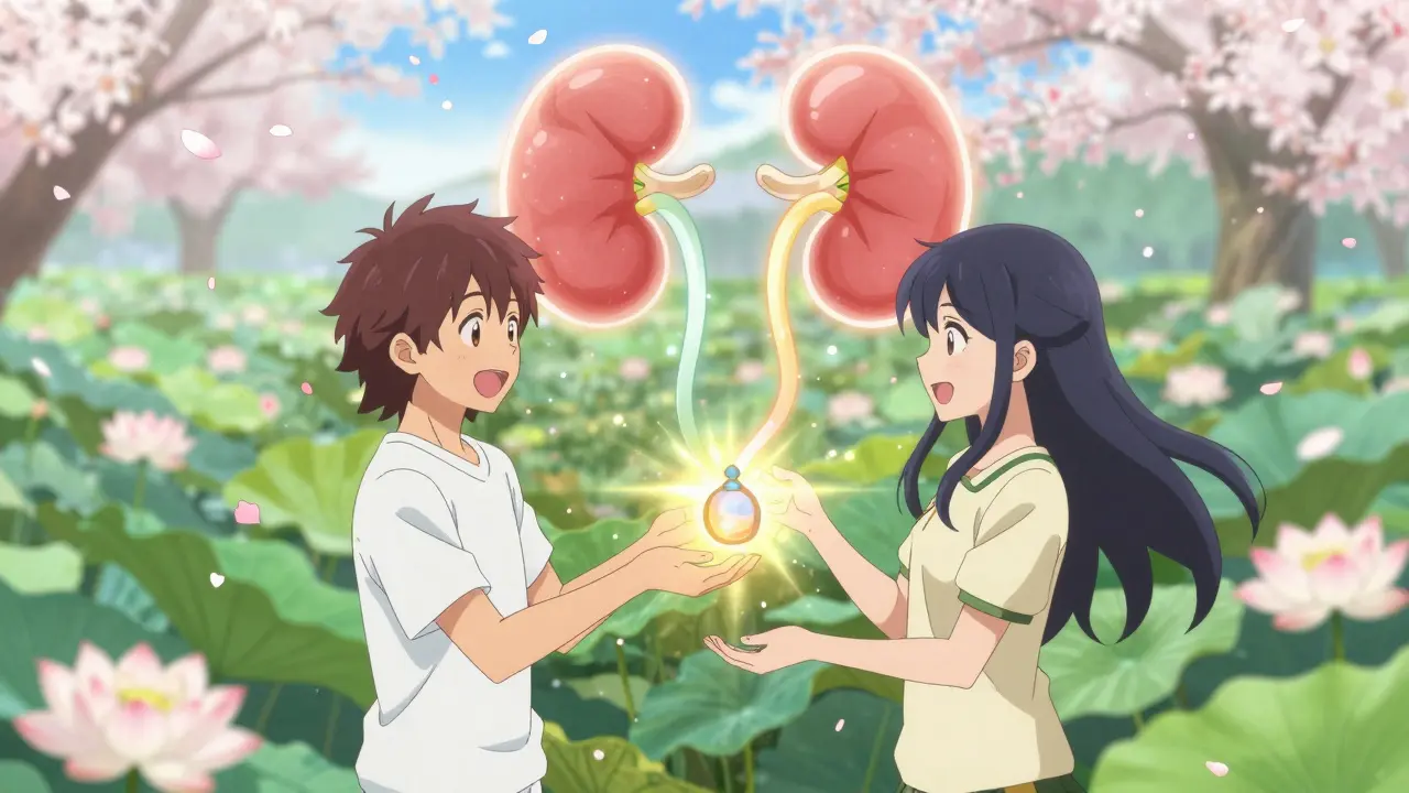 Two donors and recipients connected by glowing kidney symbol in a blooming lotus field