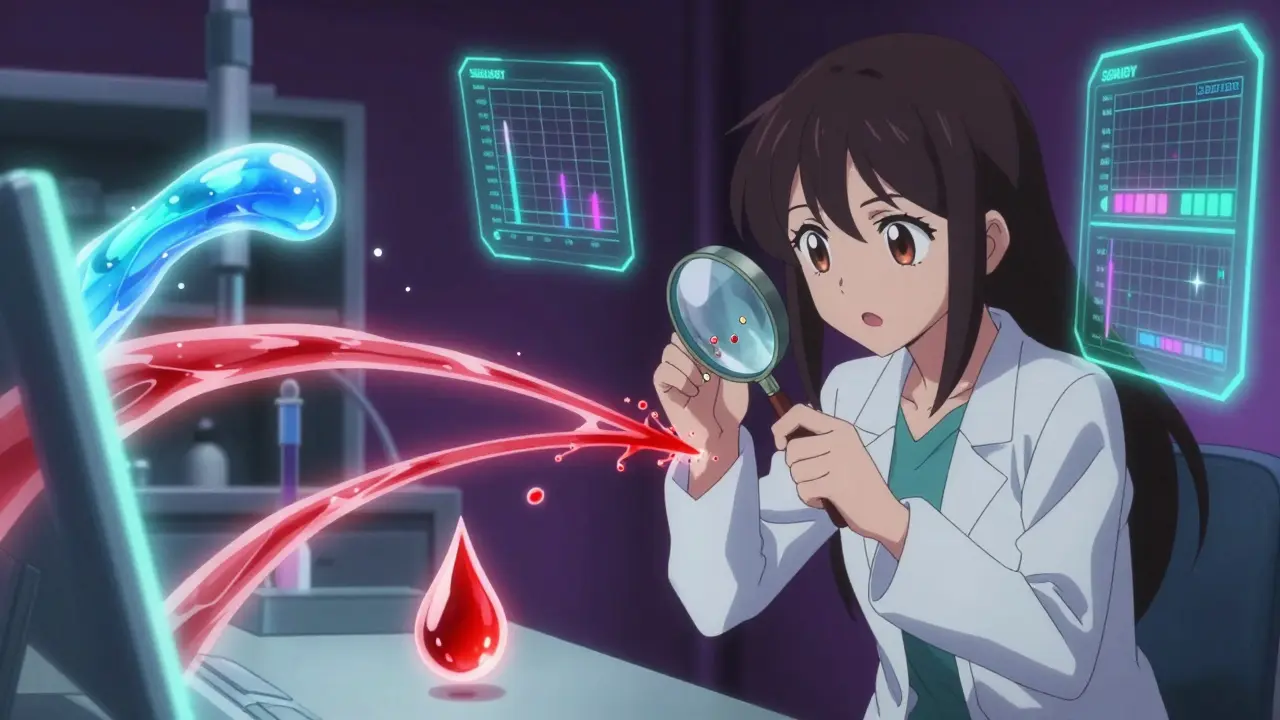 A blood drop splitting into safe and toxic streams with medical icons floating in a glowing lab scene.