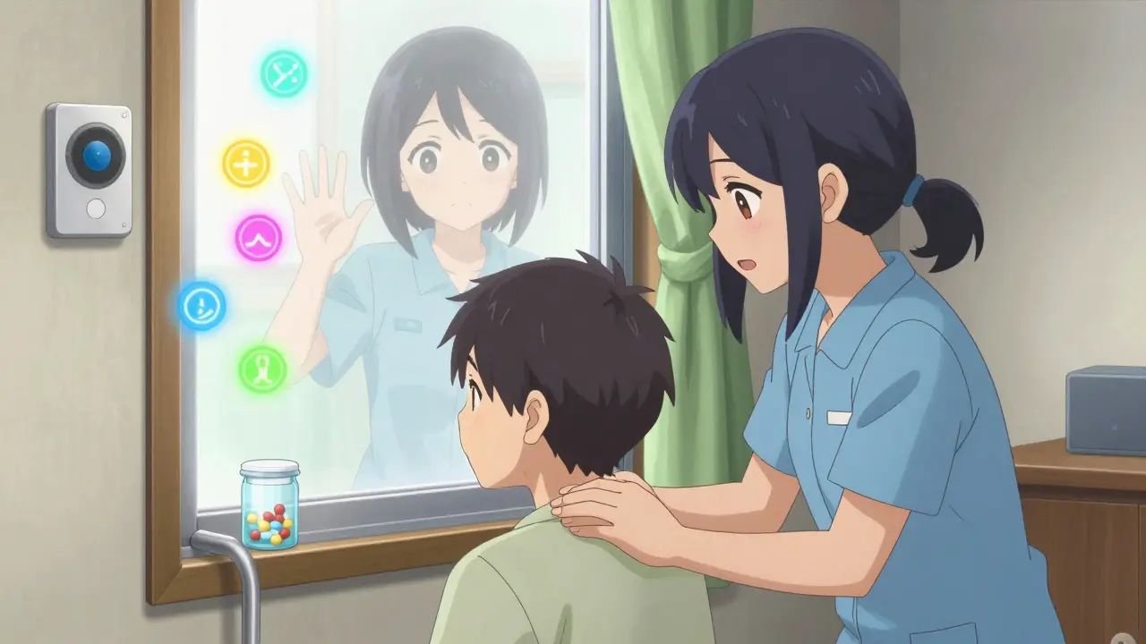 A caregiver holds the hand of a person with Alzheimer’s, while protective magical symbols glow around them.