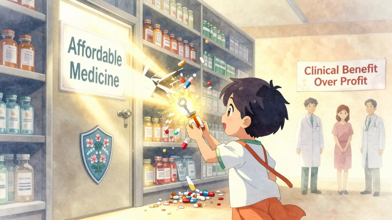 A child unlocks a door to affordable medicine as generic pills rain down, doctor and patient smile in warm sunlight in anime style.