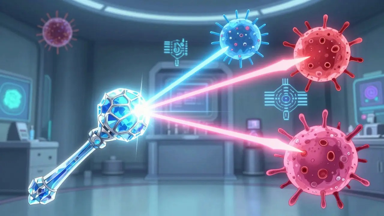 A crystal wand fires three colored beams into a tumor, symbolizing DNA damage, free radicals, and ceramide signals.