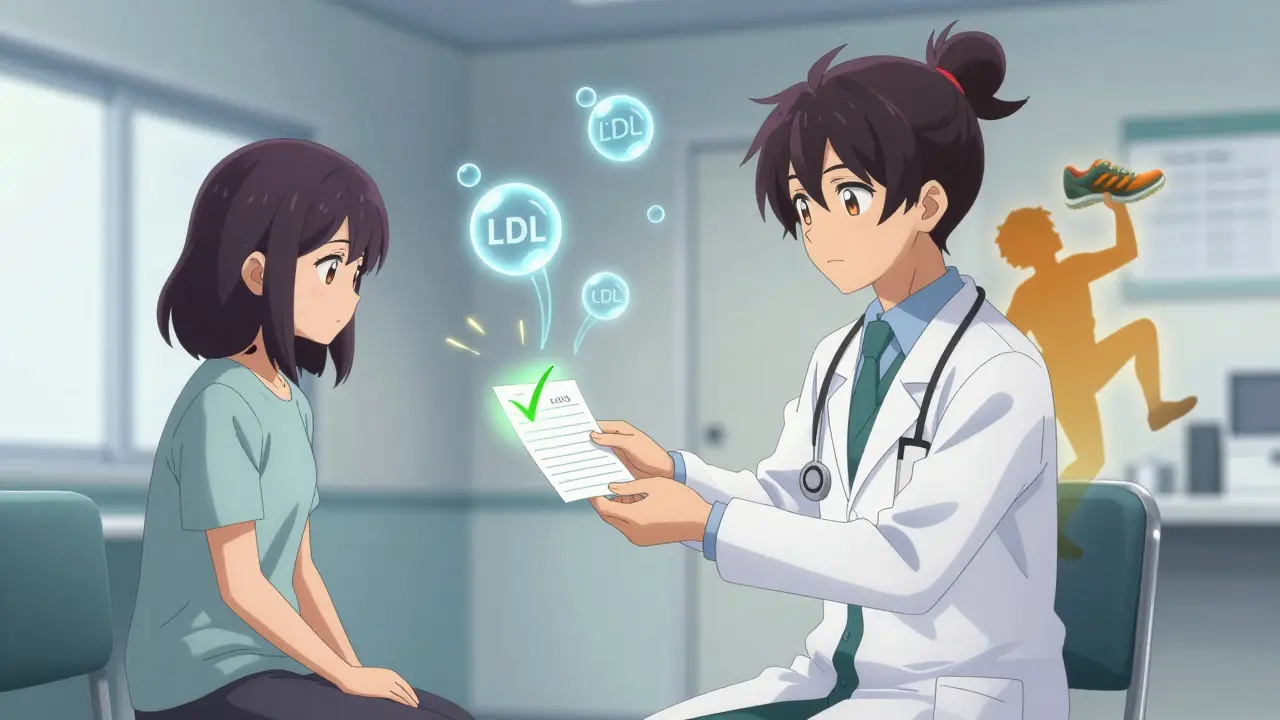 A doctor hands a prescription to a patient, whose shadow transforms from tired to active, with cholesterol molecules shrinking in the background.