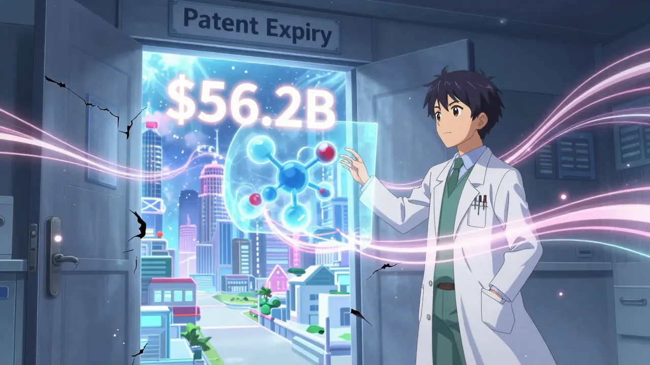 A doctor reaches toward a glowing biosimilar molecule as a door opens to a future of savings.