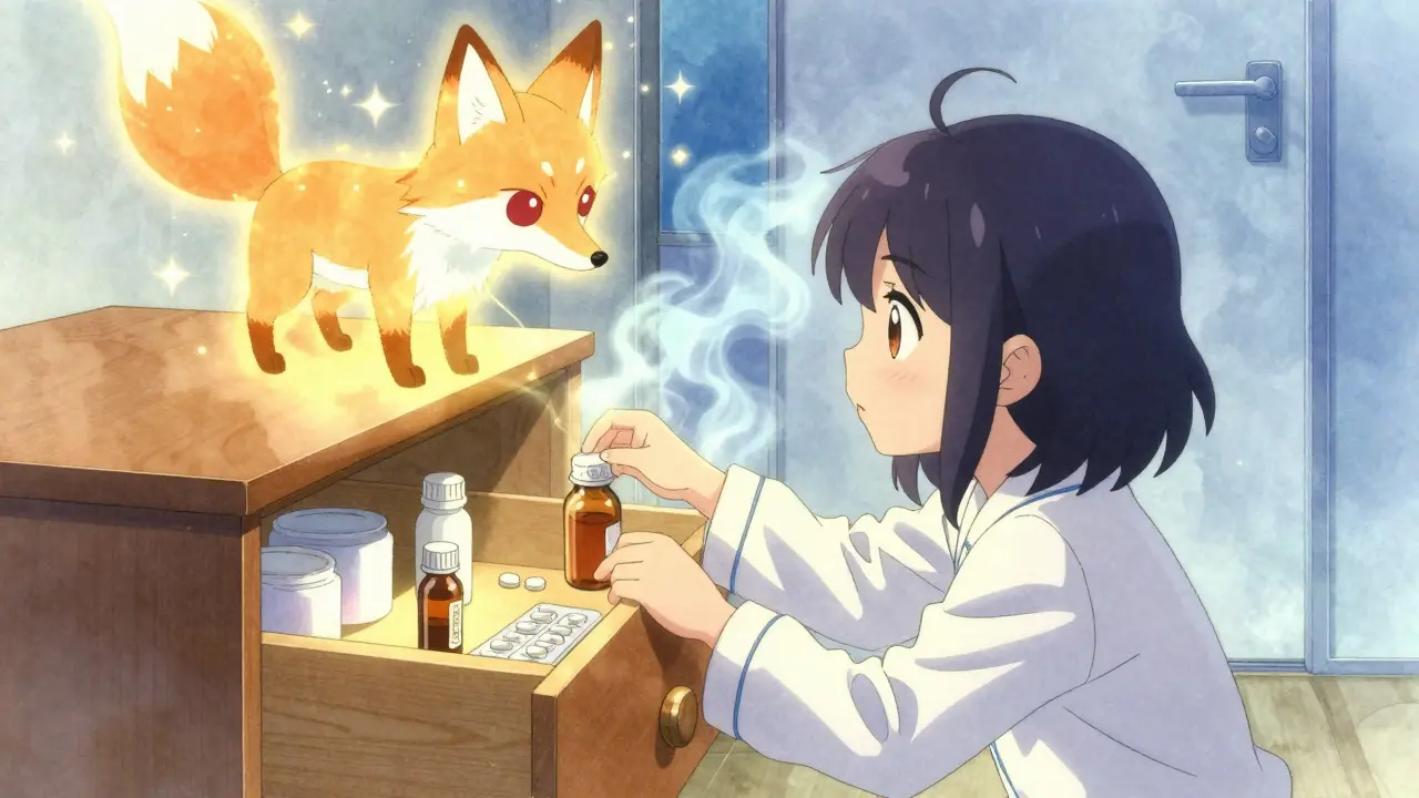 A girl safely retrieving medicine from a bedroom drawer, watched over by a glowing fox spirit in soft golden light.