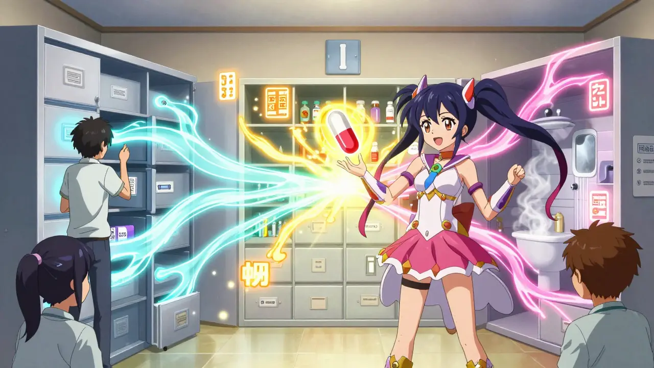 A hero transforms medicine cabinets into a glowing emergency vault, separating safe and dangerous expired drugs with light paths.