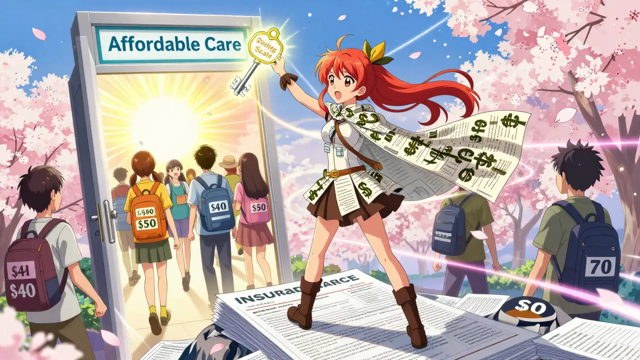 A hero with a dollar-sign cape unlocks a door to affordable care as others walk through with reduced-price backpacks.