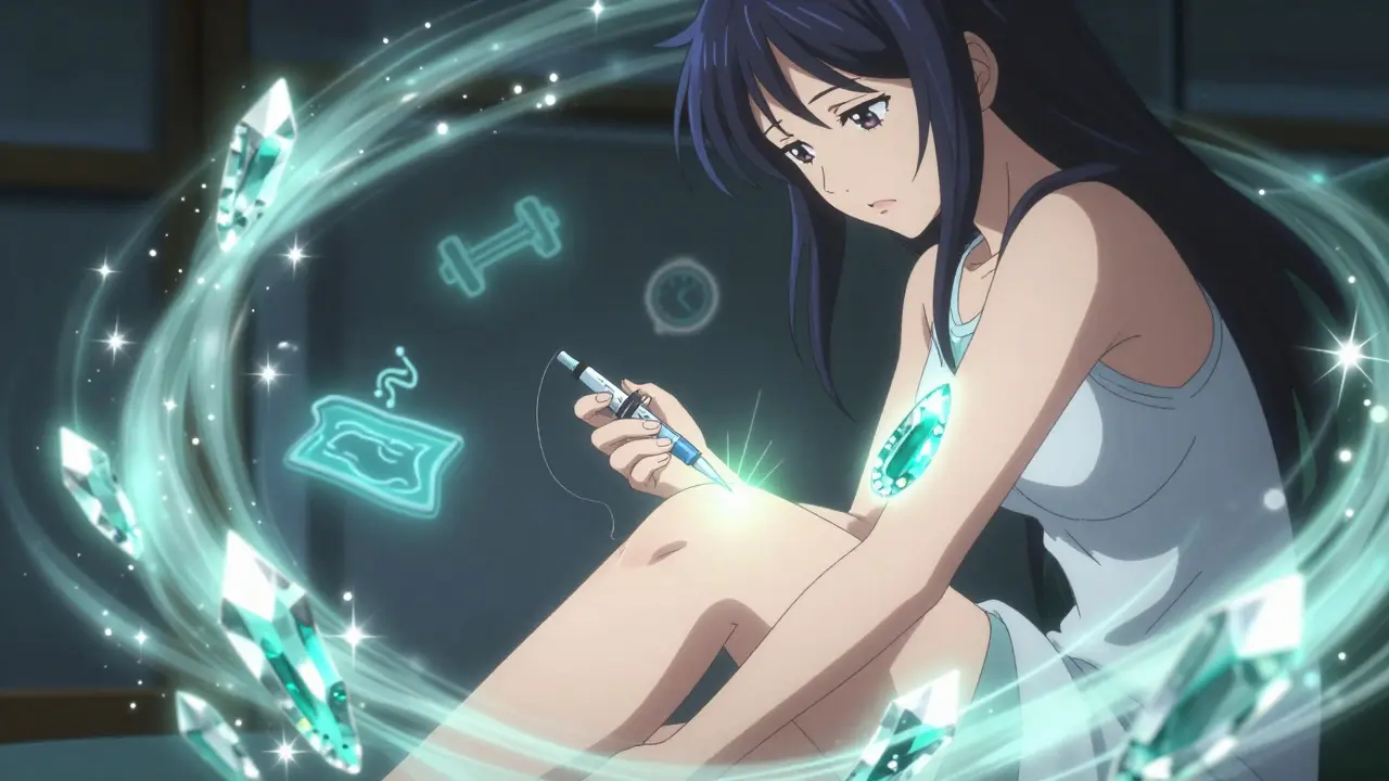 A knee receiving a magical injection with glowing crystals and healing energy.