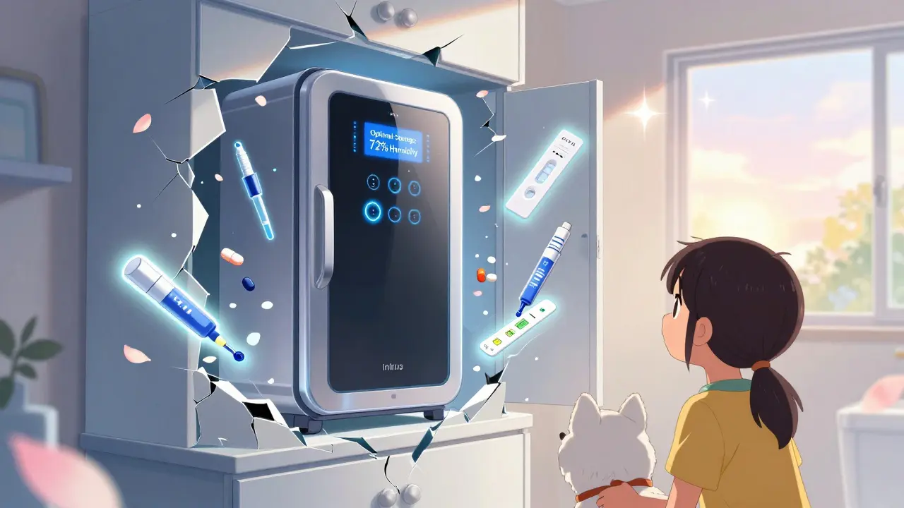 A magical transformation from a broken cabinet to a smart medicine storage unit with glowing sensors and floating pills.