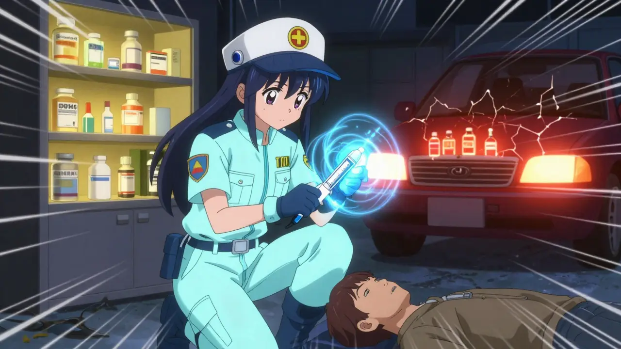 A paramedic inspects an expired EpiPen with a glowing device, while dangerous medications shadow behind in a power outage.