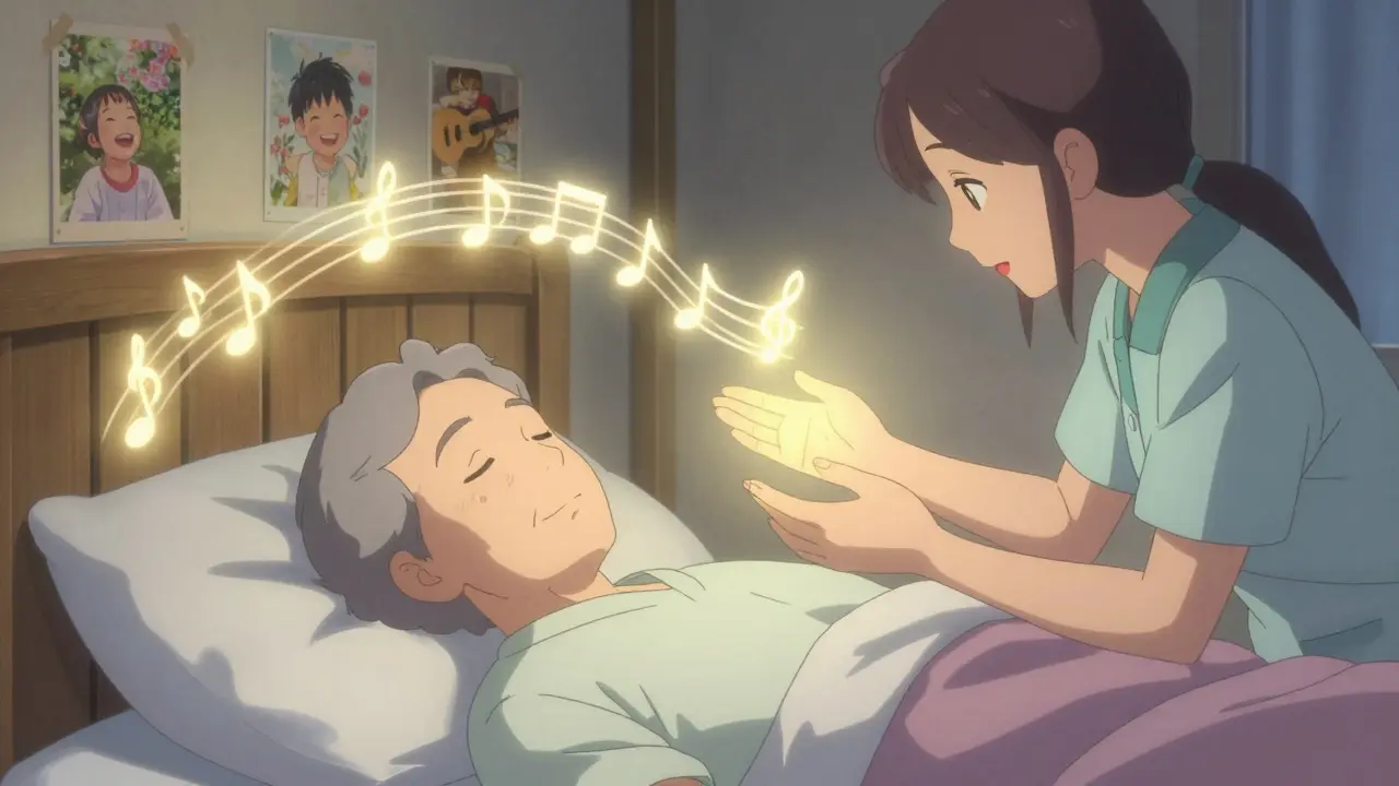 A peaceful elderly person in bed is comforted by a caregiver as glowing musical notes and memories float in the air.