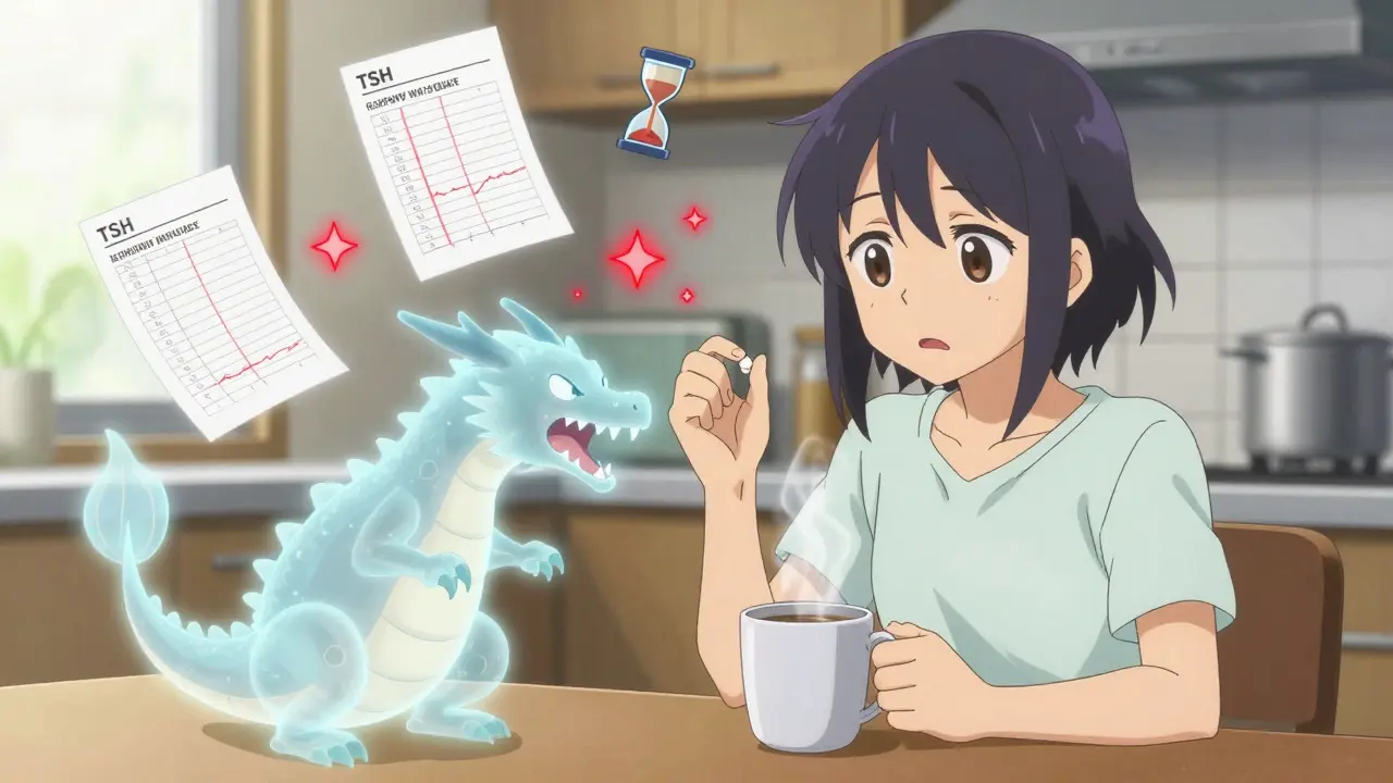 A person hesitating between coffee and thyroid medication with a caffeine dragon looming.
