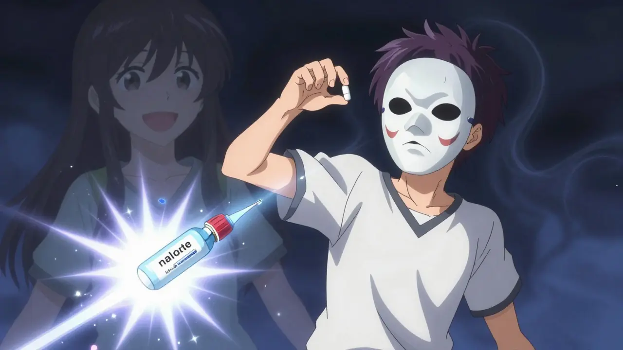 A person holding a pill that turns into a fentanyl mask, with their past self fading behind them.