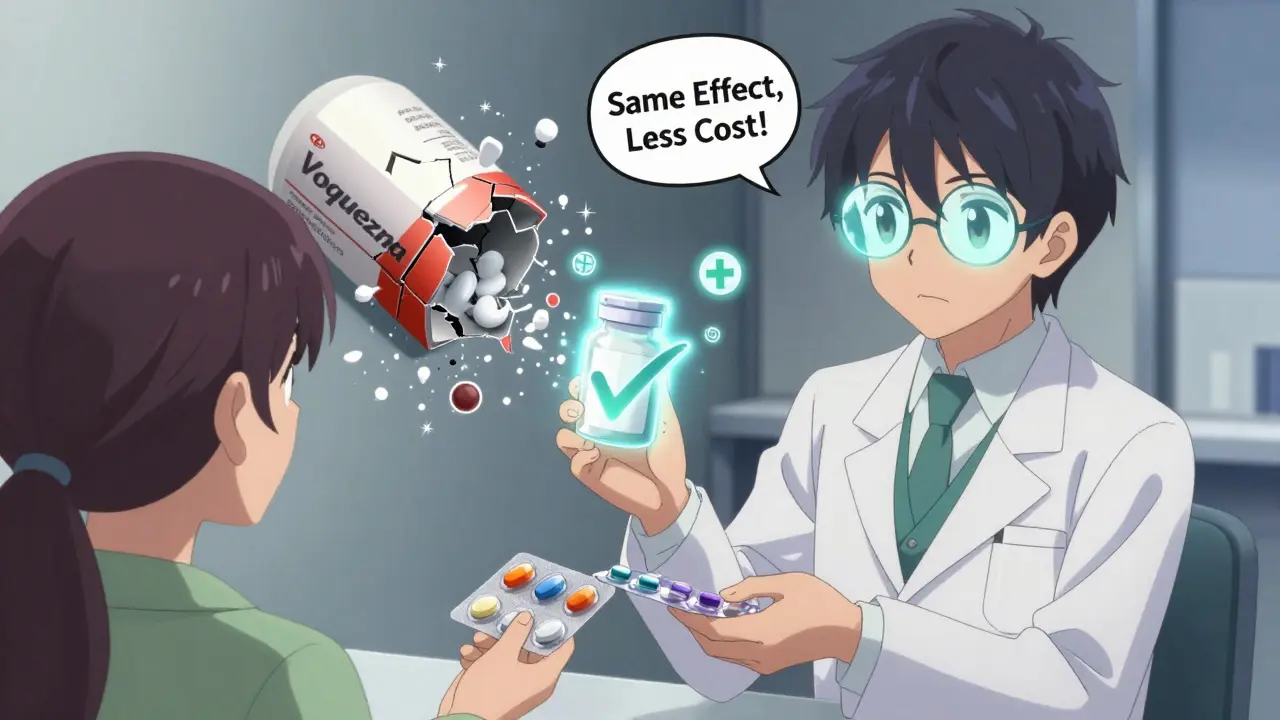 A pharmacist gives separate colored pills to a patient as a branded pill shatters into sparkles.