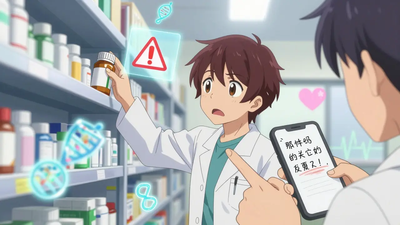 A pharmacist sees a holographic drug interaction warning while a patient shows a past reaction note on their phone.