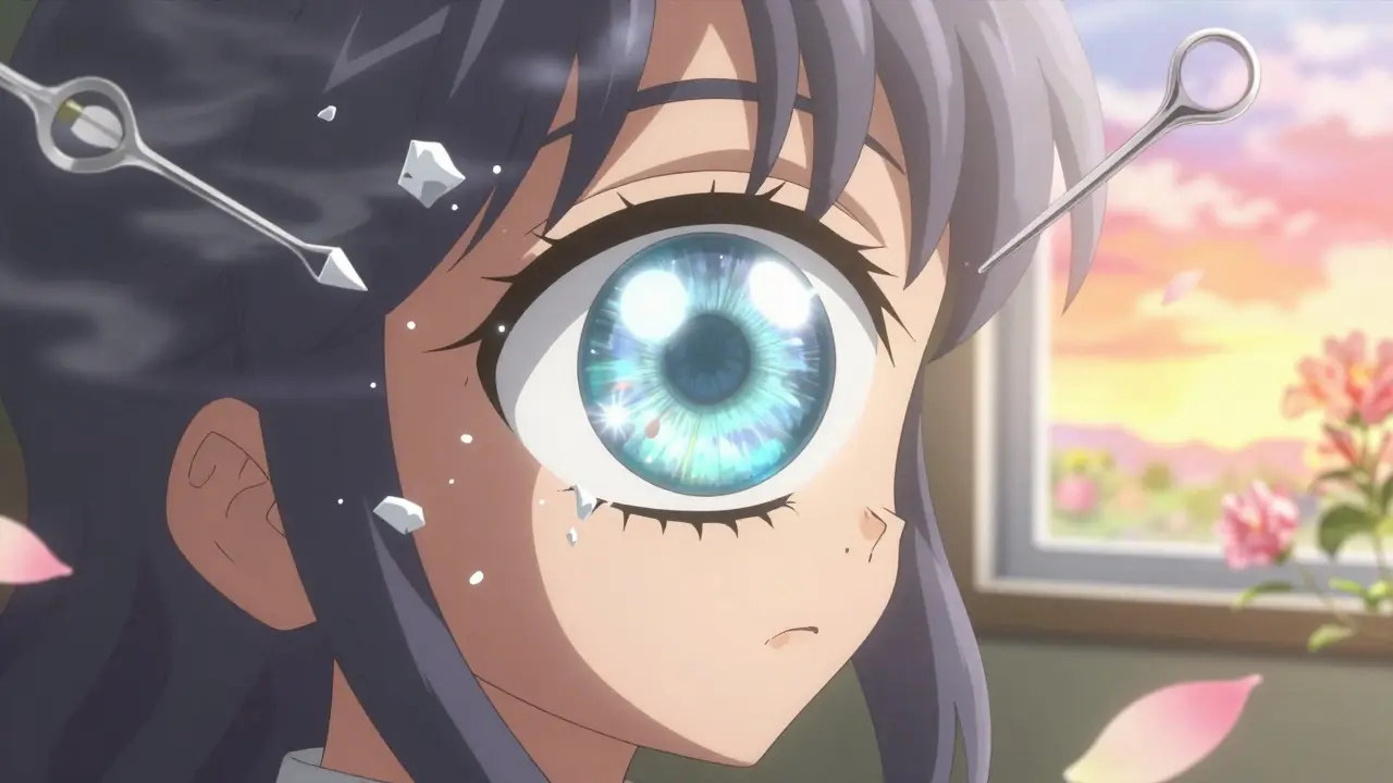 A radiant artificial lens being inserted into an eye, with shattered cloud fragments turning into petals in anime style.