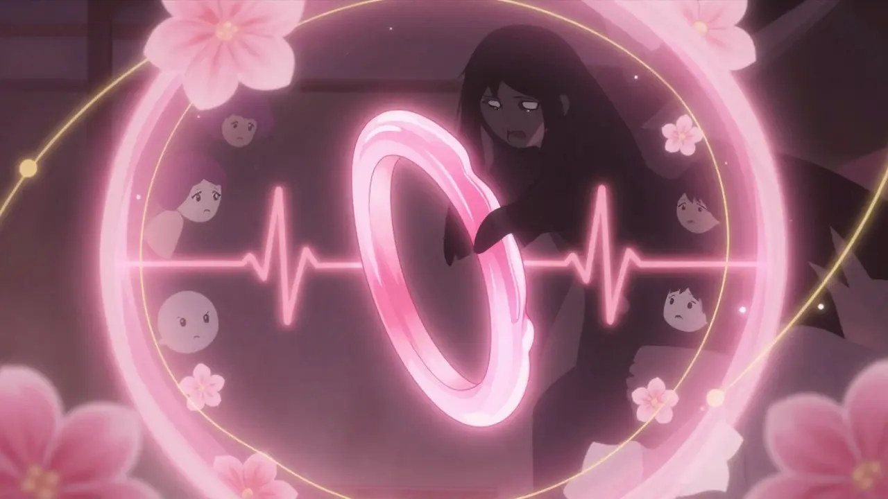 A vaginal ring glowing in a protective barrier, with shadowy forces trying to dislodge it.