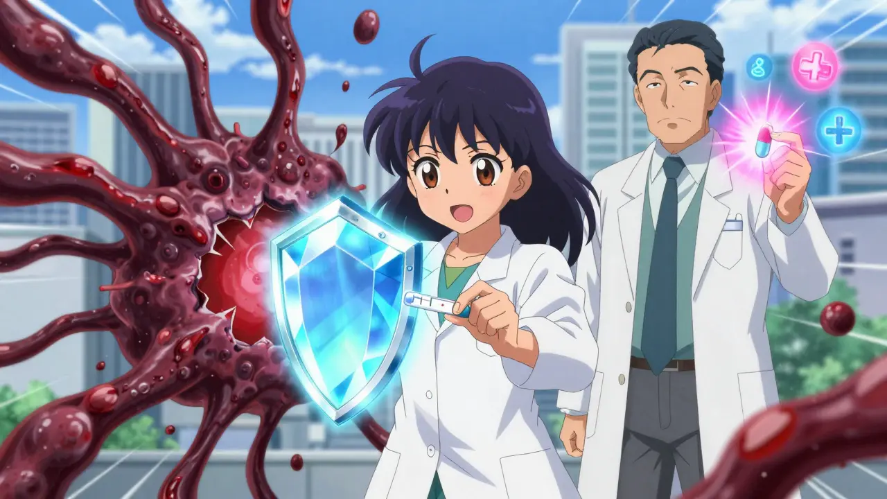 A young person holding a urine test strip that becomes a shield, blocking dark protein clouds, while a mentor emits healing light from a pill.