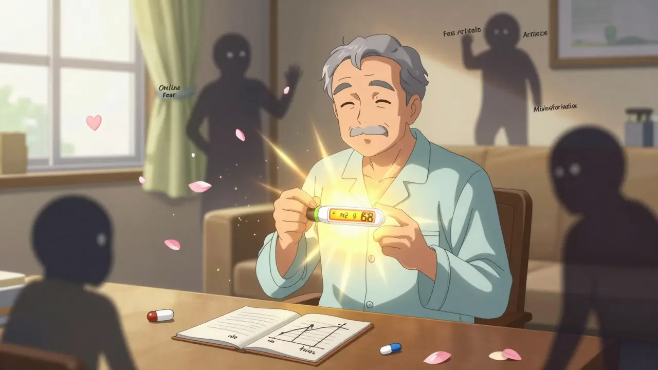 An elderly man smiles as golden light lowers his cholesterol levels, while shadowy fears dissolve into petals around him.