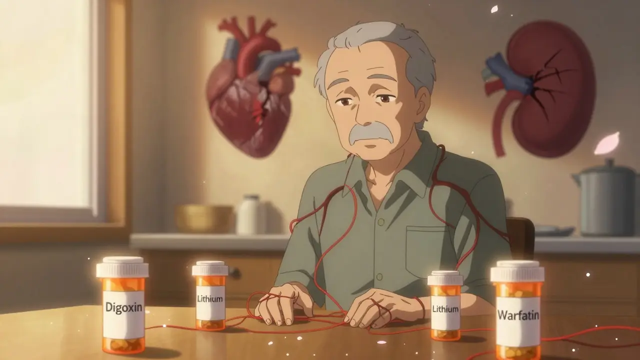 An elderly man surrounded by floating prescription bottles with red threads entering his body.