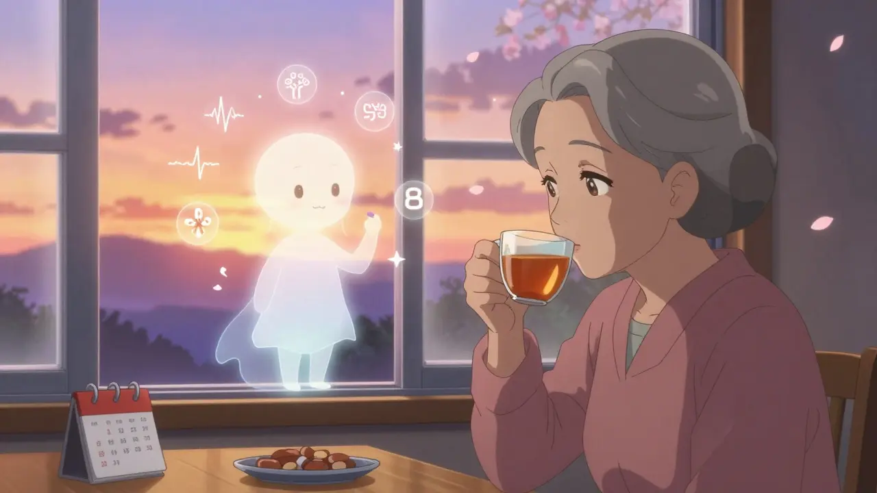 An elderly person at sunset with a gentle glowing pill spirit, symbolizing safe lithium levels and health.