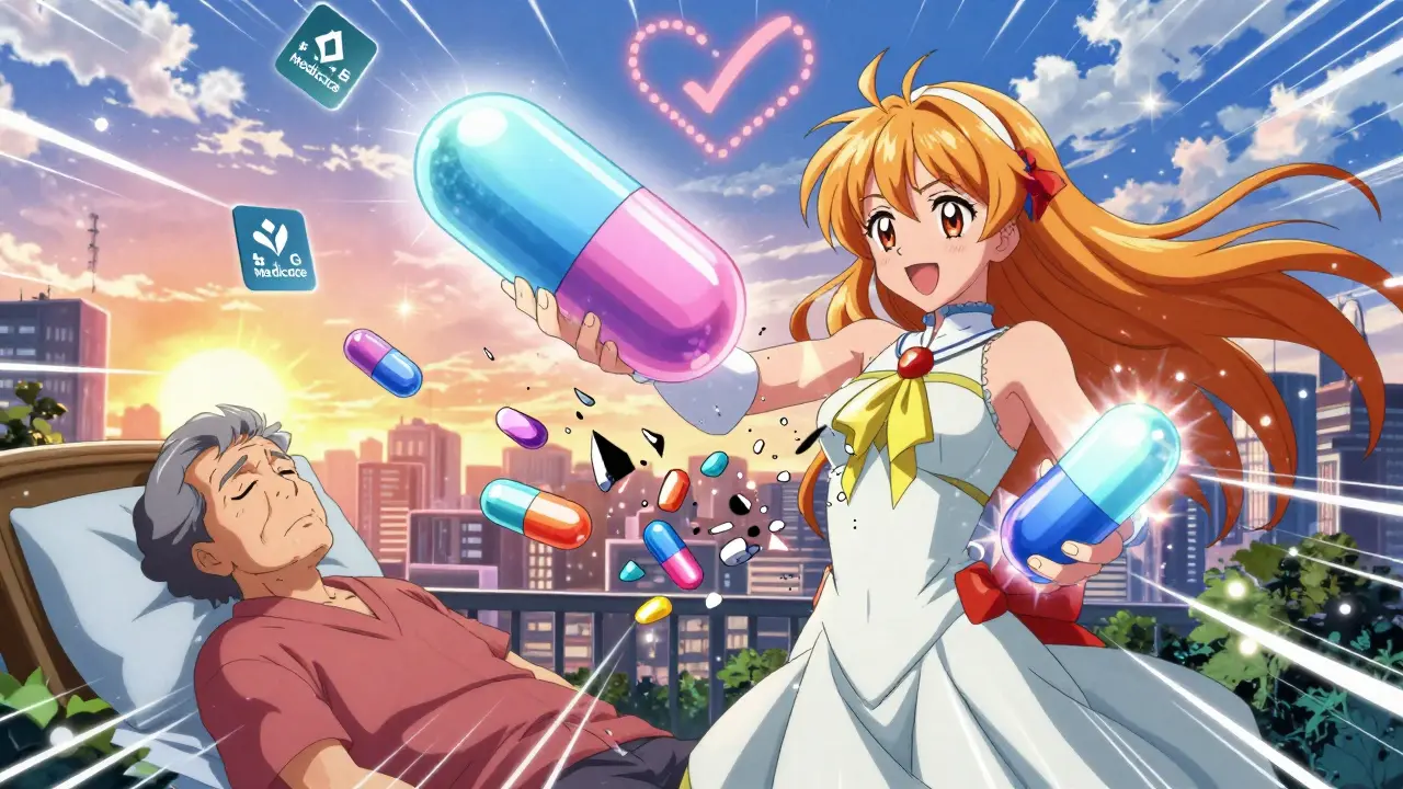 An elderly person transforming into a hero as a combo pill splits into two glowing generics.