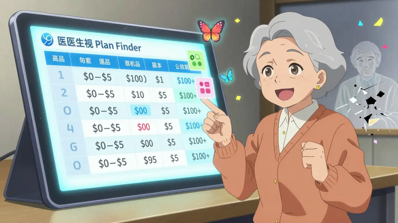 An elderly person using a glowing tablet to compare drug costs, with transforming icons and shattered financial burden in anime style.