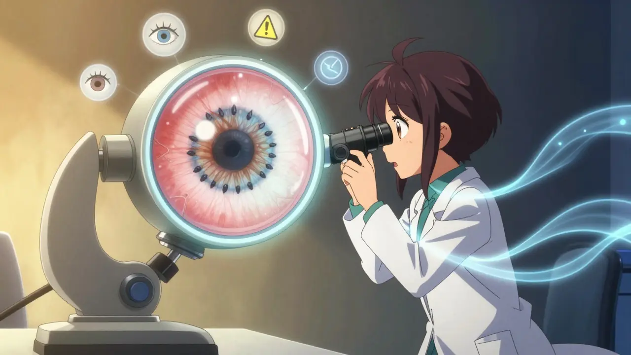 An ophthalmologist examining an eye with a magical slit-lamp, revealing protein clumps as dark crystals in anime style.