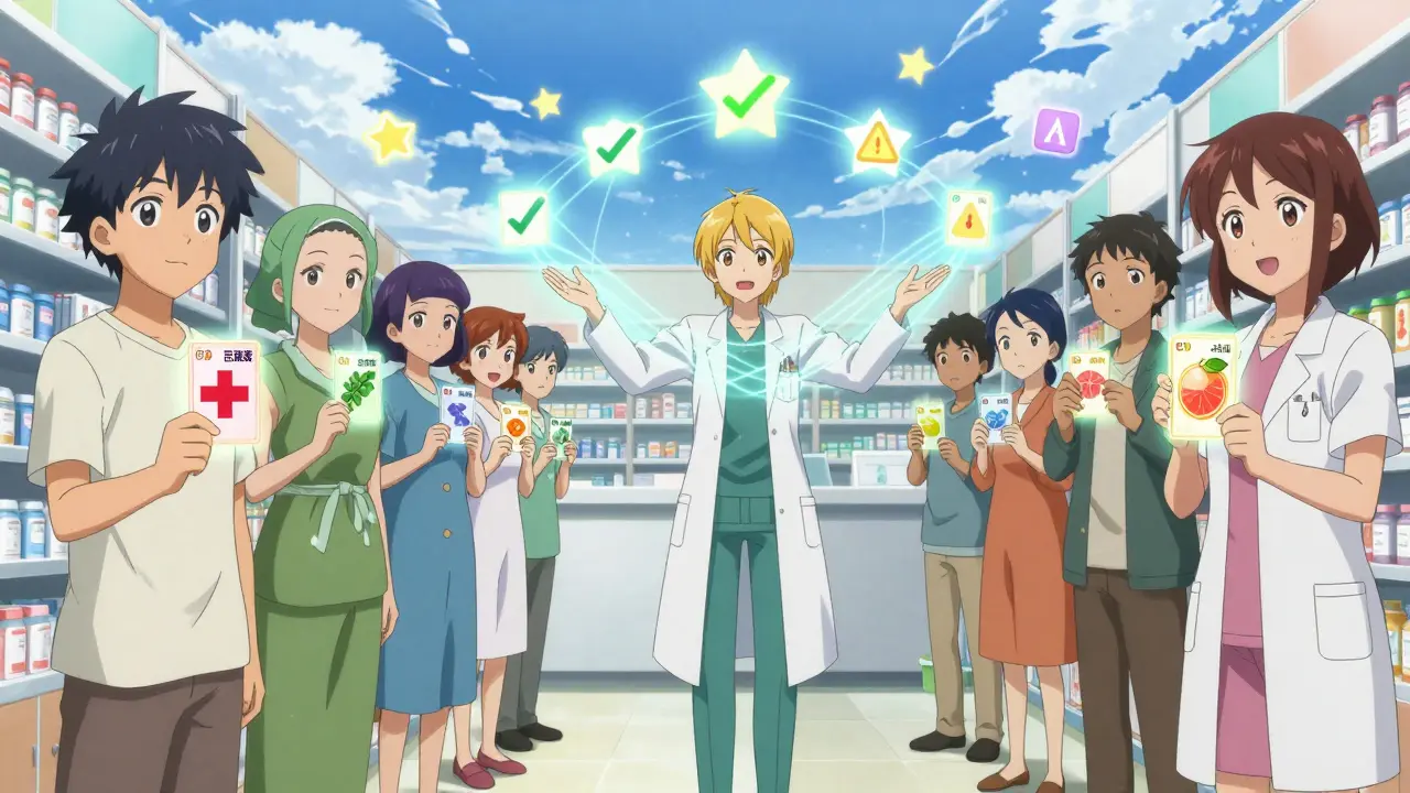 Diverse patients hold glowing allergy cards as a pharmacist emits protective light, connecting all their medication safety data.