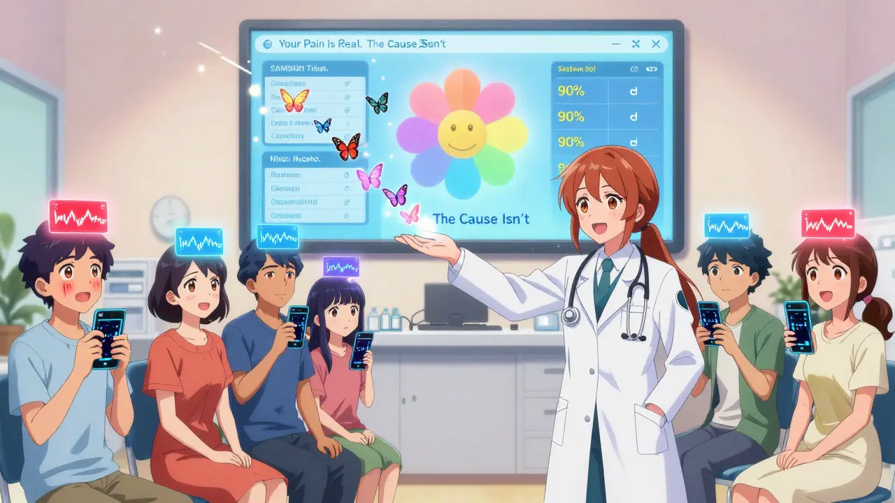 Diverse patients in a clinic hold glowing symptom trackers, with butterflies transforming into affirmations as a doctor guides them.