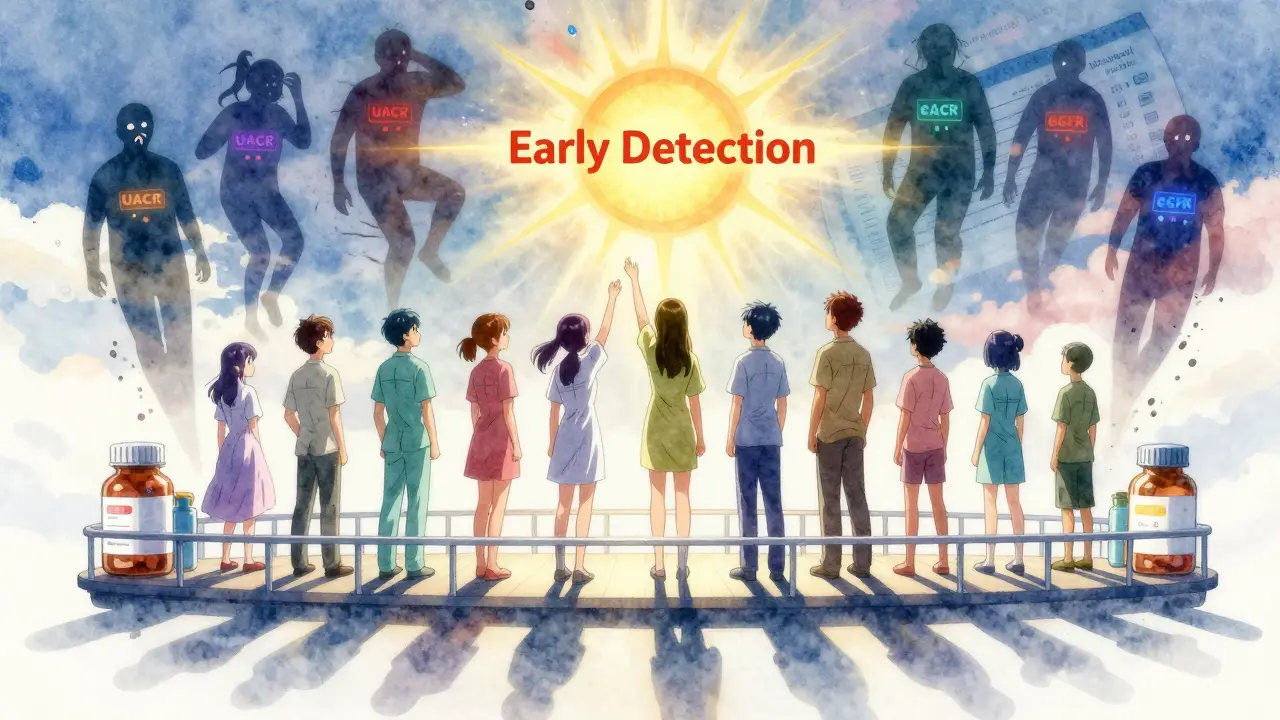 Diverse patients walking toward a radiant sun labeled 'Early Detection,' leaving behind shadowy symptoms, surrounded by floating medical data icons.