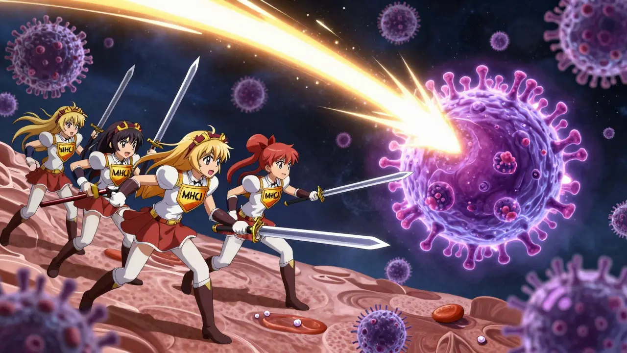 Heroic immune cells charge toward a glowing cancer cell emitting violet warning sparks in a cosmic battle scene.